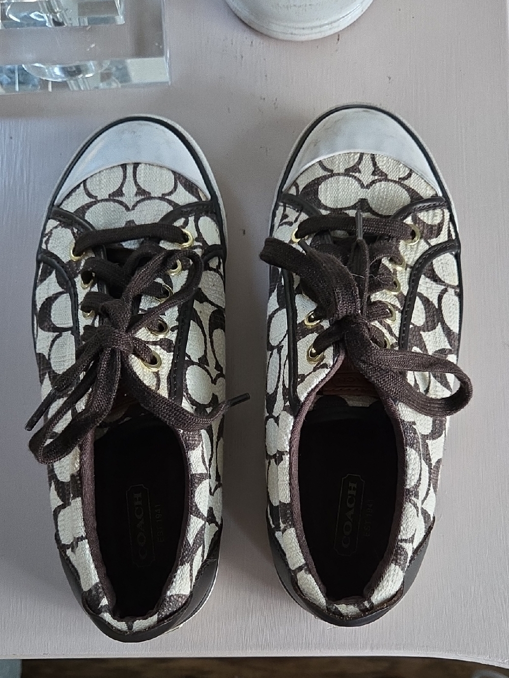 Coach Brown & Ivory Barrett Canvas Signature Sneakers Size 7.5 B - Picture 7 of 15